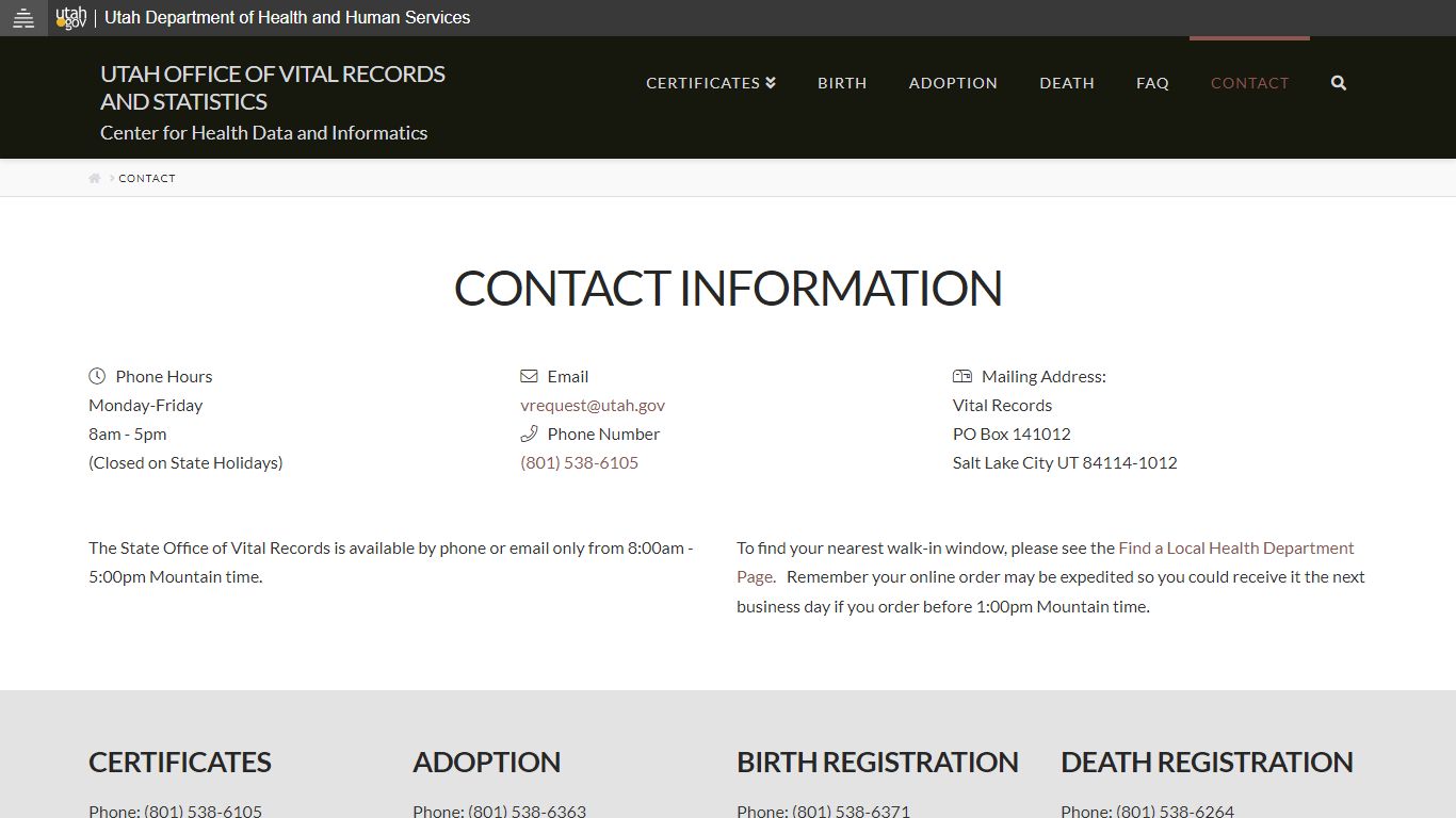 Contact | Utah Office of Vital Records and Statistics