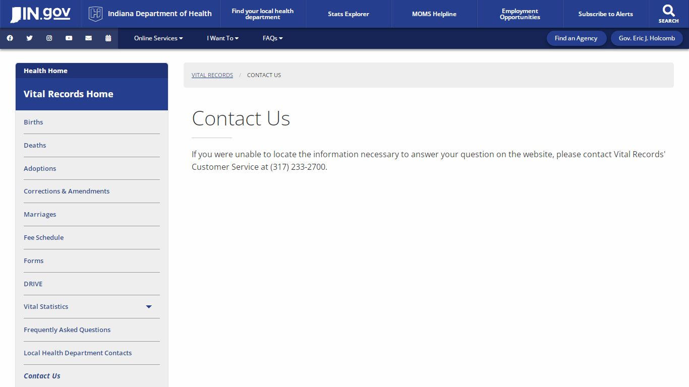 Health: Vital Records: Contact Us